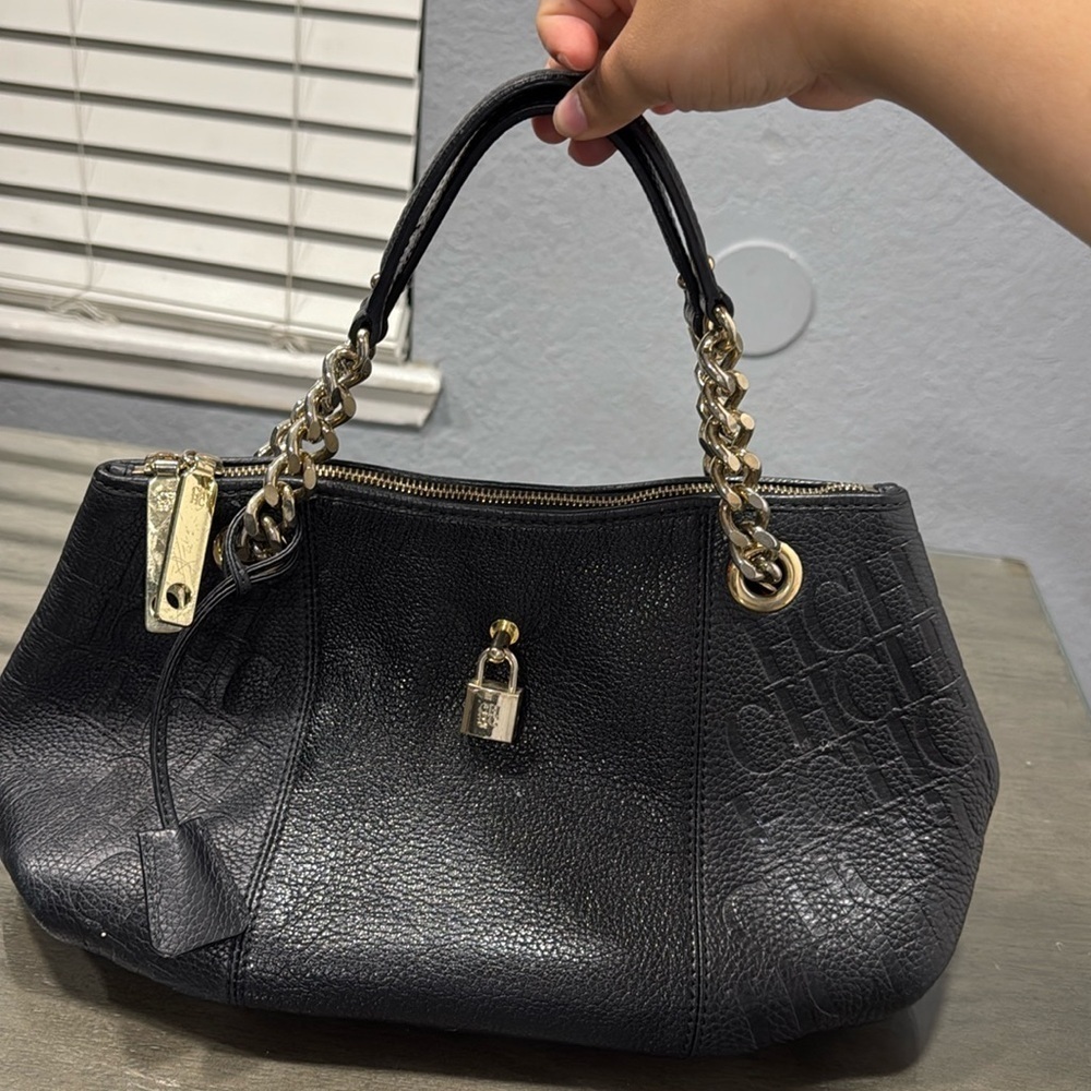 Carolina Herrera Black Monogram Embossed Leather Dahlia Hobo